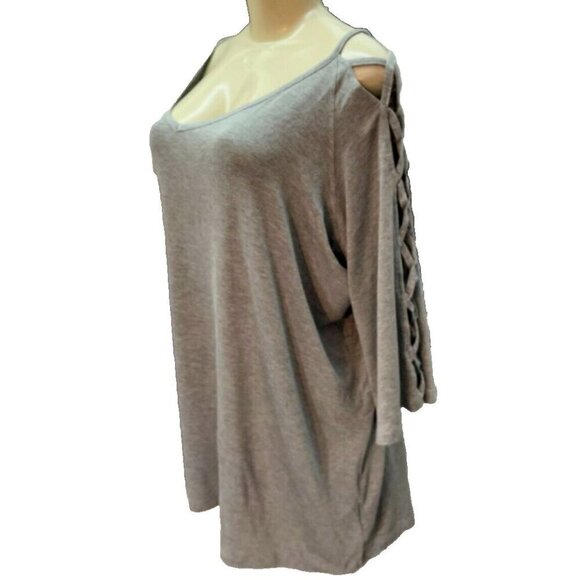 Rhonda Shear Plus 3X Gray Heather Soft V-Neckline Lattice Open 3/4 Sleeve Top - Picture 5 of 6